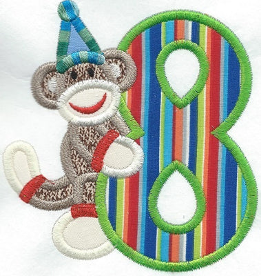 Birthday Eight Sock Monkey Patch iron-on applique machine embroidered - BarbaraJs Pocket Pillows and Patches