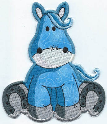 Horse Sitting Adorable Patch Blue iron-on  under 3.5 x 4 inches  applique machine embroidered - BarbaraJs Pocket Pillows and Patches