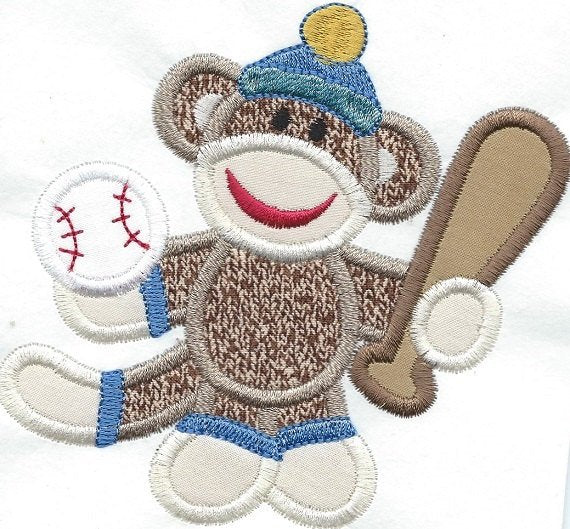 Baseball Sock Monkey Patch iron-on applique machine embroidered - BarbaraJs Pocket Pillows and Patches