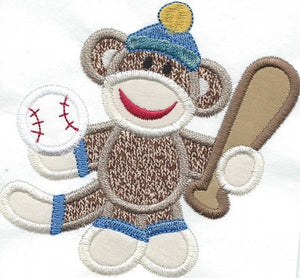 Baseball Sock Monkey Patch iron-on applique machine embroidered - BarbaraJs Pocket Pillows and Patches