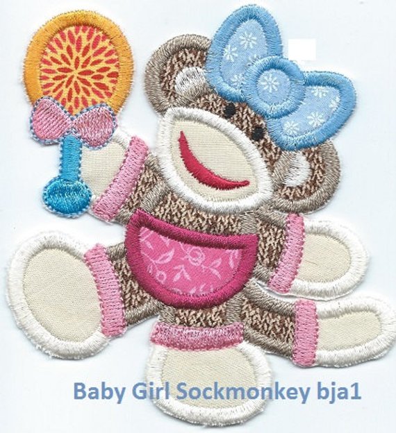 Baby Girl With Rattle Sock Monkey Patch iron-on applique machine embroidered - BarbaraJs Pocket Pillows and Patches