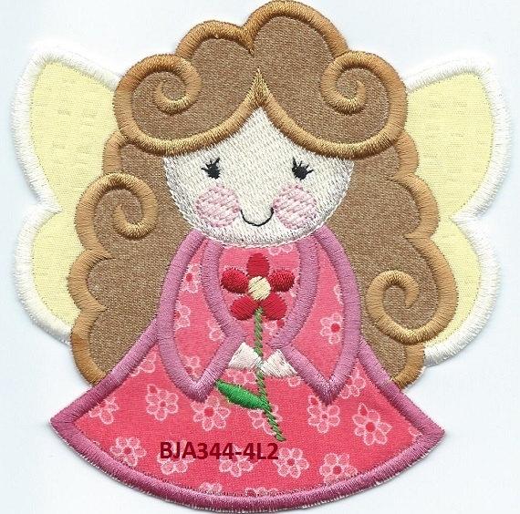 *a3* Angel Watching Over Me light brown hair pink dress  iron-on under 5 x 5 inches applique machine embroidered patch - BarbaraJs Pocket Pillows and Patches