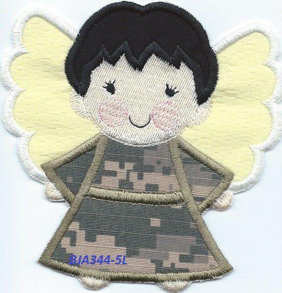 *a13* Angel Watching Over Me Camo Black hair boy  iron-on under 5 x 5 inches applique machine embroidered patch - BarbaraJs Pocket Pillows and Patches