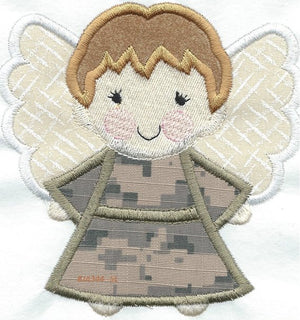 *a11* Angel Watching Over Me Camo Light brown hair boy  iron-on under 5 x 5 inches applique machine embroidered patch - BarbaraJs Pocket Pillows and Patches