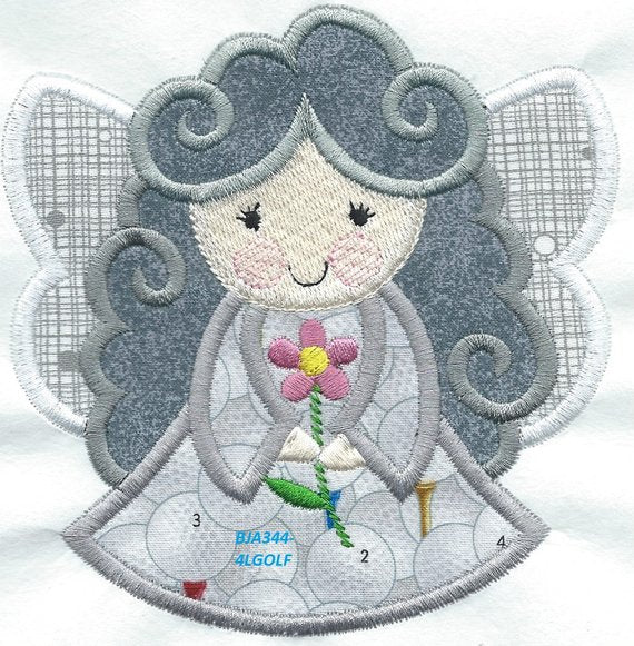 *a4* Angel Watching Over Me Golf gray hair girl iron-on under 5 x 5 inches applique machine embroidered patch - BarbaraJs Pocket Pillows and Patches