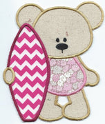 Summertime Bear Surfer Girl applique machine embroidered patch - BarbaraJs Pocket Pillows and Patches