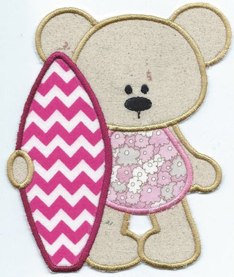 Summertime Bear Surfer Girl applique machine embroidered patch - BarbaraJs Pocket Pillows and Patches