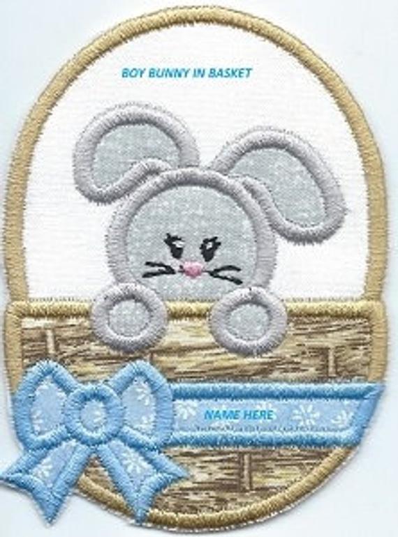 Easter Bunny in a Basket Patch Boy iron-on applique machine embroidered - BarbaraJs Pocket Pillows and Patches