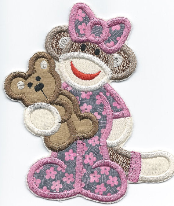 Sleepy Sock Monkey Patch iron-on applique machine embroidered - BarbaraJs Pocket Pillows and Patches