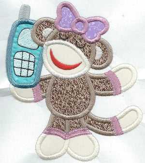 Sock Monkey On Cell Phone Patch iron-on applique machine embroidered - BarbaraJs Pocket Pillows and Patches