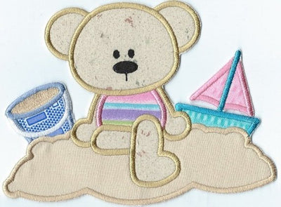 Summertime Bear On The Beach 5x7 inches applique machine embroidered patch - BarbaraJs Pocket Pillows and Patches