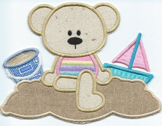 Summertime Bear On The Beach 5x7 inches applique machine embroidered patch - BarbaraJs Pocket Pillows and Patches