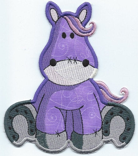 Horse Sitting Adorable Patch Purple iron-on  under 3.5 x 4 inches  applique machine embroidered - BarbaraJs Pocket Pillows and Patches