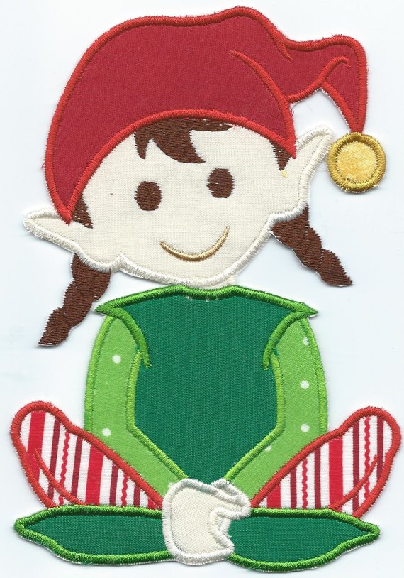 Santas Worker Girl  brown hair Iron-on Applique Patch under 5x7 inches machine embroidered - BarbaraJs Pocket Pillows and Patches