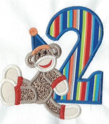 Birthday Two Sock Monkey Patch iron-on applique machine embroidered - BarbaraJs Pocket Pillows and Patches