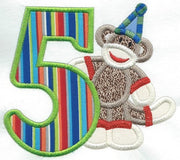 Birthday Five Sock Monkey Patch iron-on applique machine embroidered - BarbaraJs Pocket Pillows and Patches