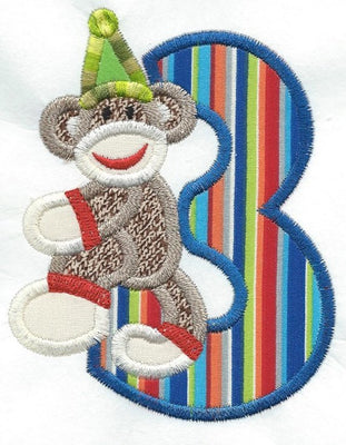 Birthday Three Sock Monkey Patch iron-on applique machine embroidered - BarbaraJs Pocket Pillows and Patches