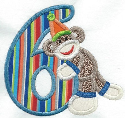 Birthday Six Sock Monkey Patch iron-on applique machine embroidered - BarbaraJs Pocket Pillows and Patches