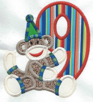 Birthday Nine Sock Monkey Patch iron-on applique machine embroidered - BarbaraJs Pocket Pillows and Patches