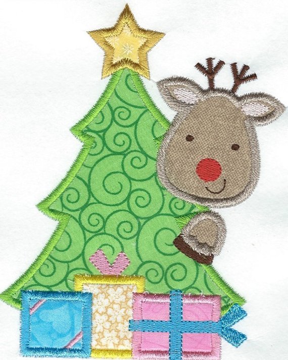 Christmas Tree Reindeer with presents Iron-on Applique Patch under 4x6 inches machine embroidered - BarbaraJs Pocket Pillows and Patches