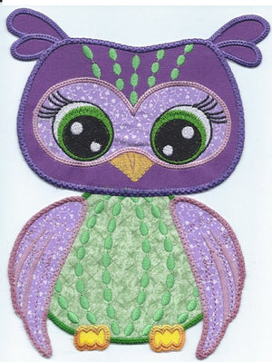 Iron-on Adorable Owl Large Applique Patch Purple 7 x 9 inch machine embroidered - BarbaraJs Pocket Pillows and Patches