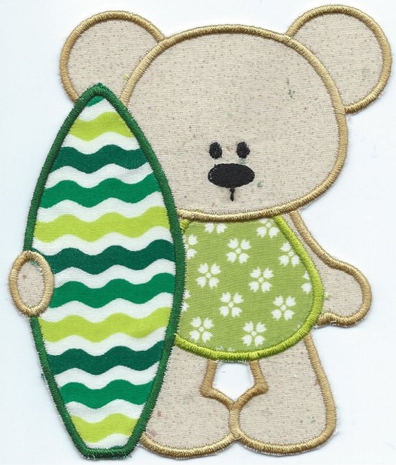 Summertime Bear Surfer Girl applique machine embroidered patch - BarbaraJs Pocket Pillows and Patches